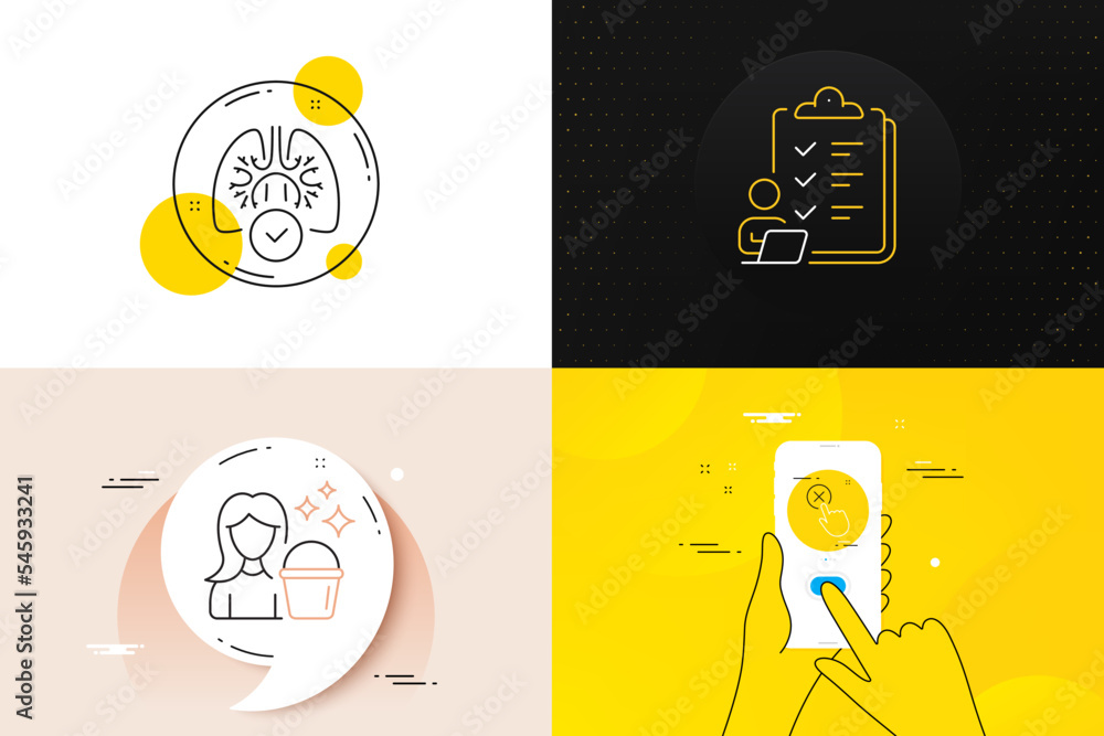 Minimal set of Checklist, Cleaning and Lungs line icons. Phone screen, Quote banners. Reject click icons. For web development. Questioning clipboard, Maid service, Respiratory pneumonia. Vector Minimal set of Checklist, Cleaning and Lungs line icons. Phone screen, Quote banners. Reject click icons. For web development. Questioning clipboard, Maid service, Respiratory pneumonia. Vector
