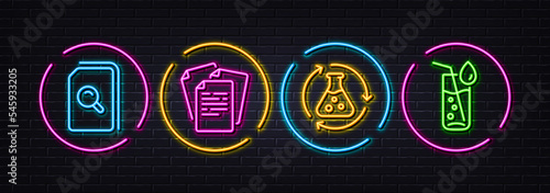 Documents, Search files and Chemistry experiment minimal line icons. Neon laser 3d lights. Water glass icons. For web, application, printing. Office file, Magnifying glass, Laboratory flask. Vector