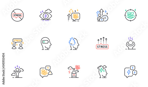 Stress line icons. Mental health, depression and confusion thoughts. Frustrated man, negative mood, panic fear outline icons. Stress pressure and psychology mental problems. Bad depression. Vector
