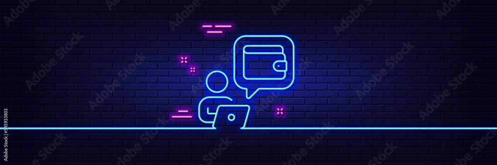Neon light glow effect. Wallet line icon. Money online purse sign. Cash budget symbol. 3d line neon glow icon. Brick wall banner. Wallet outline. Vector Neon light glow effect. Wallet line icon. Money online purse sign. Cash budget symbol. 3d line neon glow icon. Brick wall banner. Wallet outline. Vector