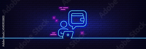 Neon light glow effect. Wallet line icon. Money online purse sign. Cash budget symbol. 3d line neon glow icon. Brick wall banner. Wallet outline. Vector