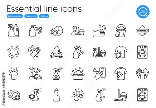 Clean t-shirt, Vacuum cleaner and Rubber gloves line icons. Collection of Bucket with mop, Dirty t-shirt, Dont touch icons. Washing machine, Dryer machine, Household service web elements. Vector