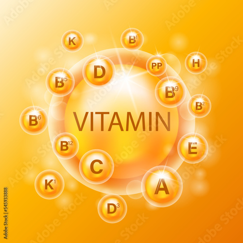 An essential vitamin complex. Vitamins A, B1, B2, B6, B9, B12, C, D, D3, E, K, K1. 3d set of vitamin supplements for health and beauty.