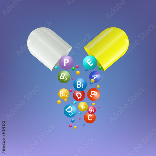 Multivitamin complex capsules. Health supplement pharmacy banner template. Medicine science vector illustration