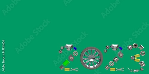 Year 2023 written with car spare parts 3D illustration isolated on green background