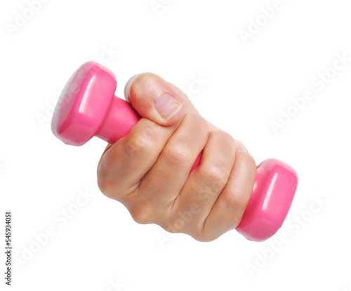Hand holding gym dumbbell weight on layered png format background.