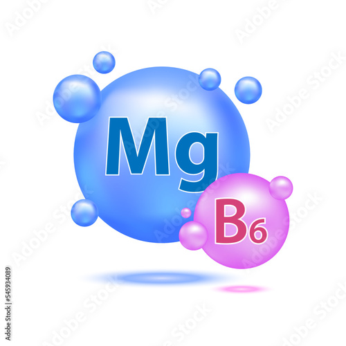 Minerals Magnesium Mg and Vitamin B6 for health. The concept of medical and dietary nutrition. 3D vector illustration. Isolated on a white background.