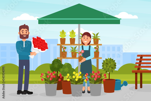 Cheerful man florist selling bouquets of flowers at outdoor flower shop flat vecto