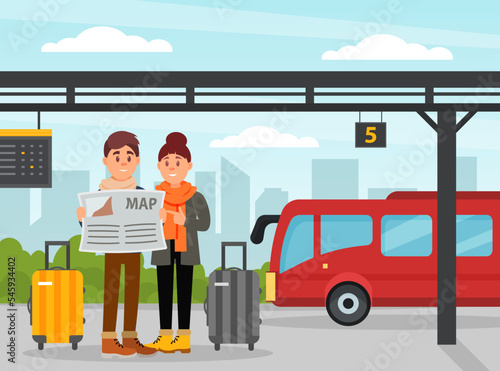 Man and Woman Couple Traveler with Suitcase Watching Map at Bus Station Engaged in Tourism Vector Illustration