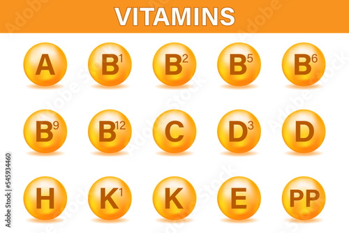 A set of multivitamin complex icons. Multivitamin supplement. Vitamin A, group B, B1, B2, B3, B5, B6, B9, B12, C, D, D3, E, K, H, K 1, PP. An essential vitamin complex.
