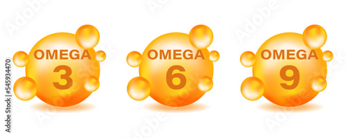 A set of golden drops of Omega icons . Polyunsaturated fats Omega-3, Omega-6, Omega-9. Natural fish, organic vitamin, nutrients. Vitamin Drop Tablets capsules