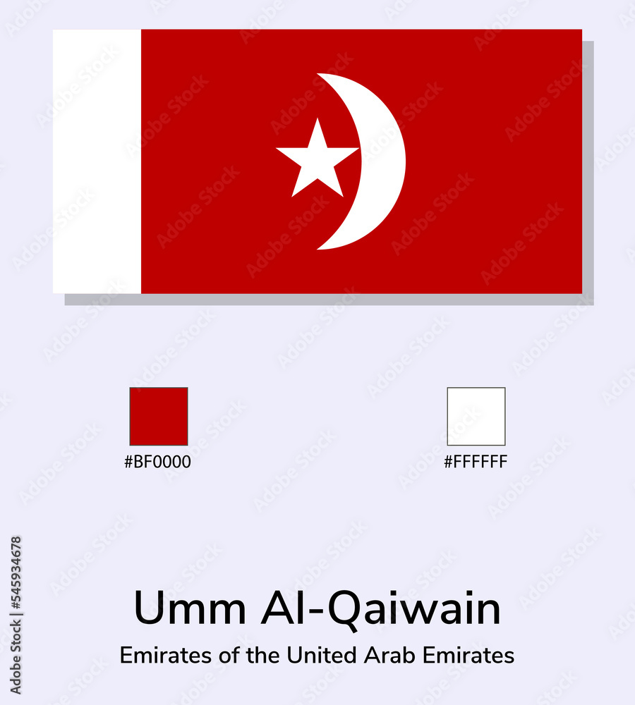 Vector Illustration of Umm Al-Qaiwain flag isolated on light blue background. Illustration Umm Al-Qaiwain flag with Color Codes. As close as possible to the original.