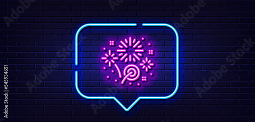 Neon light speech bubble. Fireworks line icon. Pyrotechnic salute sign. Carnival celebration lights symbol. Neon light background. Fireworks glow line. Brick wall banner. Vector