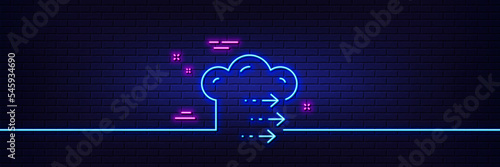 Neon light glow effect. Food delivery line icon. Restaurant order sign. Catering service symbol. 3d line neon glow icon. Brick wall banner. Food delivery outline. Vector