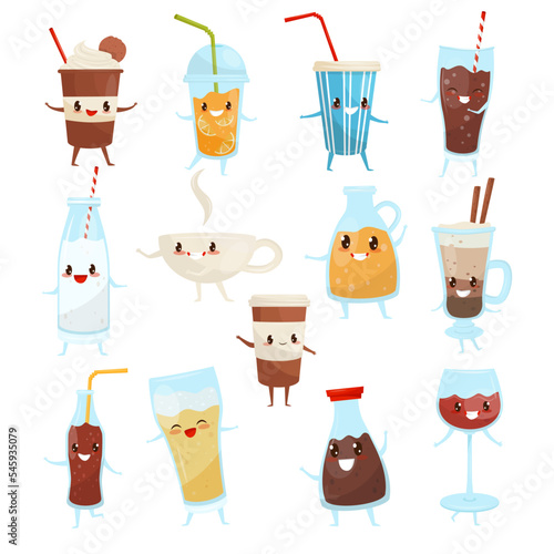 Funny Drinks with Faces and Arms Like Coffee Cup and Soda Glass with Straw Big Vector Set