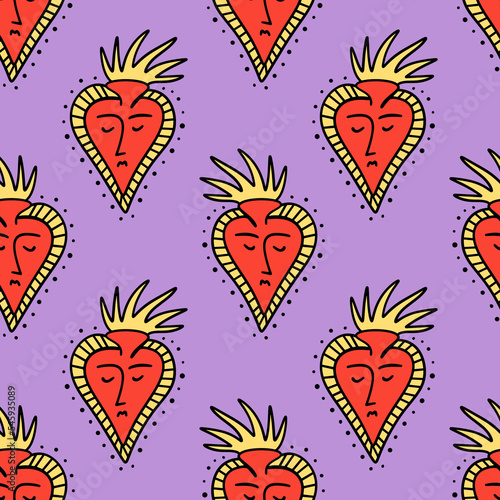 Bizarre burning Valentines day hearts modern abstract faces seamless pattern. Groovy emoji heart shape. Funky hippie mad weird 60s 70s sixties retro cartoon doodle style trendy fashion surface