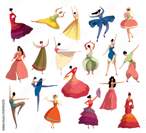 Set of beautiful women dancing performing different styles of dance cartoon vector
