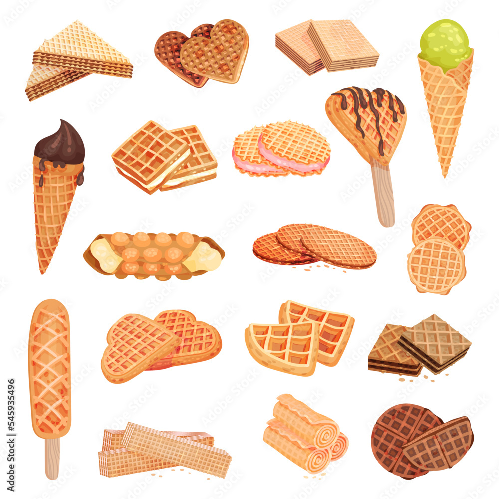 Various Sweet Waffles and Wafer as Dessert and Confectionery Big Vector Set - obrazy, fototapety, plakaty 