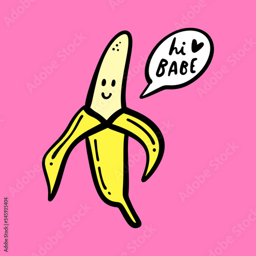 Cute vector doodle smiling funny groovy cartoon baby banana happy character saying Hi. Vitamin positive fruit lettering concept. Vector flat kawaii hand drawn adorable illustration. Isolated on pink