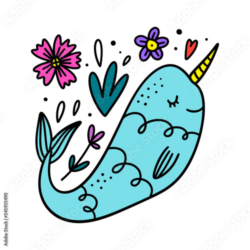 Flat doodle cartoon blue fairytale magic unicorn whale  narwhal hand drawn vector illustration isolated on white background. Sea and ocean character  aquatic marine life art. Floral childish collage