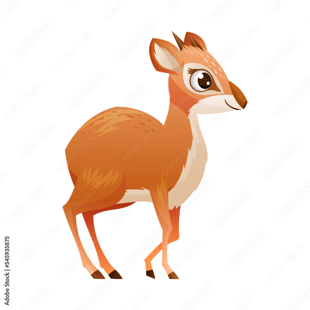 Standing Brown Dik-dik as African Small Antelope with Horns Vector Illustration