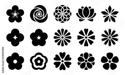 Flowers black icons collection. Stylized flowers isolated on white background. Best for seamless patterns, print, tattoo, web, logo creating and brand design.