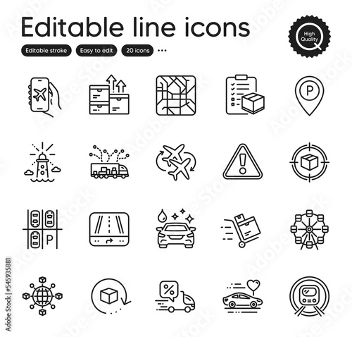 Set of Transportation outline icons. Contains icons as Truck delivery, Delivery discount and Metro subway elements. Lighthouse, Ferris wheel, Logistics network web signs. Vector
