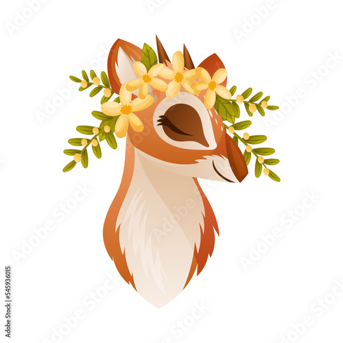 Brown Dik-dik as African Small Antelope with Horns Having Floral Wreath on Its Head Vector Illustration