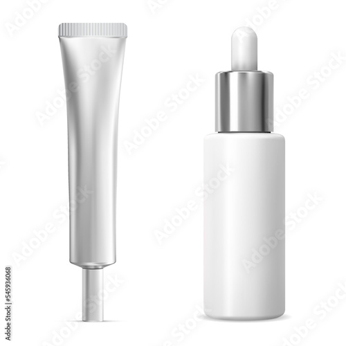 Serum bottle, cream tube mockup, eye cosmetic set, vector blank isolated on white background. Silver eyedropper essential oil vial blank, beauty product package. Face care moisturizer gel plastic tube