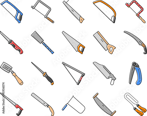 saw hand wood construction icons set vector