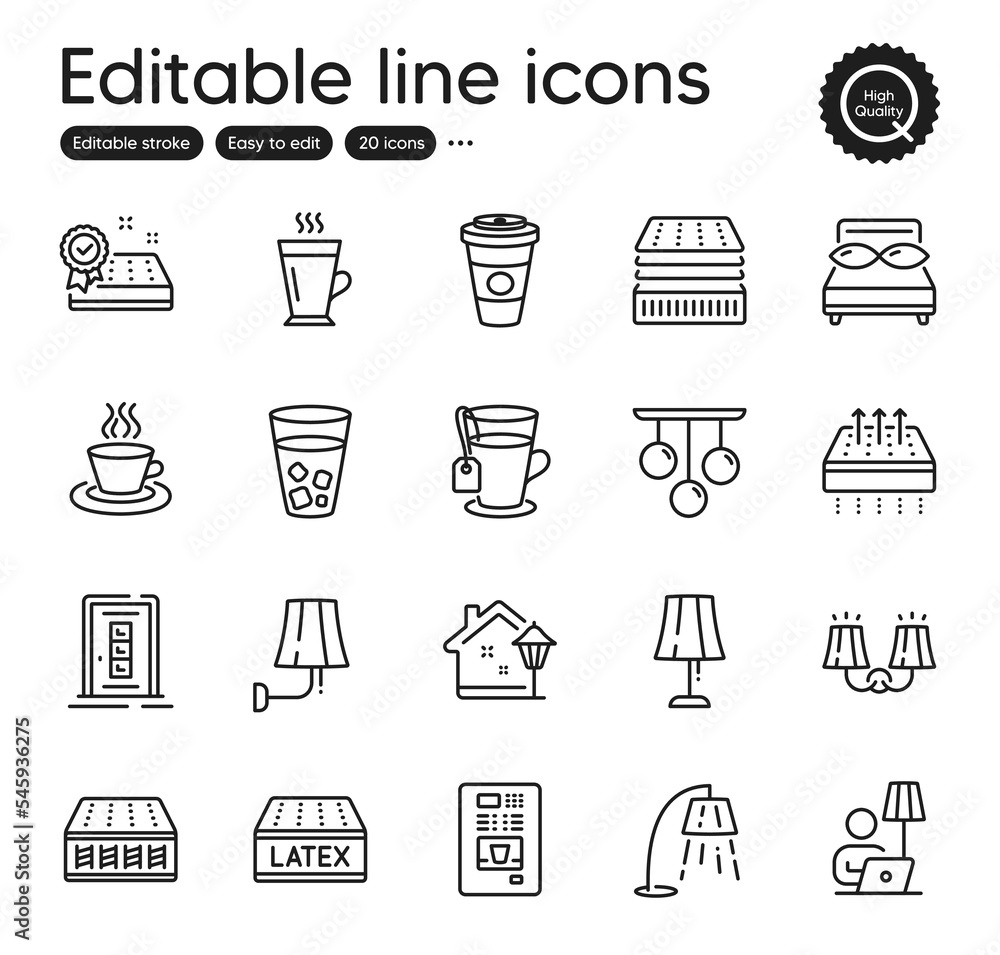 Set of Interiors outline icons. Contains icons as Sconce light, Door and Latte elements. Tea, Latex mattress, Tea cup web signs. Mattress, Street light, Table lamp elements. Vector Set of Interiors outline icons. Contains icons as Sconce light, Door and Latte elements. Tea, Latex mattress, Tea cup web signs. Mattress, Street light, Table lamp elements. Vector