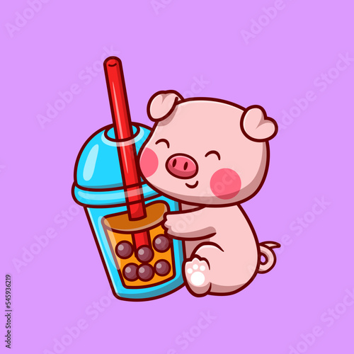 Cute Pig With Bubble Milk Tea Cartoon Vector Icon 
Illustration. Animal Drink Icon Concept Isolated Premium 
Vector. Flat Cartoon Style