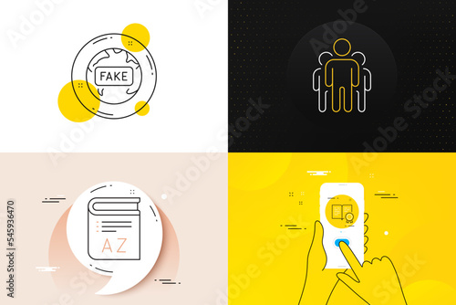 Minimal set of Vocabulary, Group and Certificate line icons. Phone screen, Quote banners. Fake news icons. For web development. Book, Managers, Certified file. Wrong internet. Vector