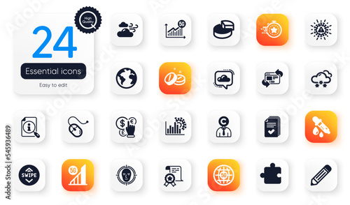 Set of Science flat icons. Money currency, Handout and Windy weather elements for web application. Search, Pencil, Chemistry pipette icons. Cloud communication, Face detect, Puzzle elements. Vector