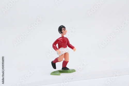 Football Soccer figure, Football player in red and white strip, vintage toy from 1970s -1980s, Soccer action figure. 