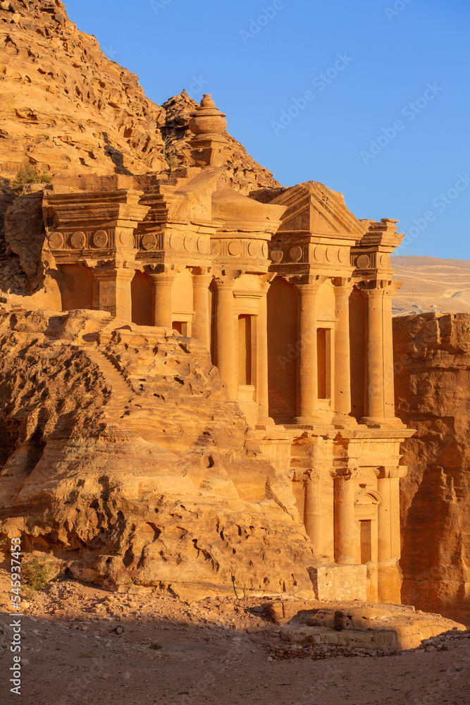 Ad Deir Monastery in the ancient city of Petra, Jordan sunset panoramic view, UNESCO World Heritage Site