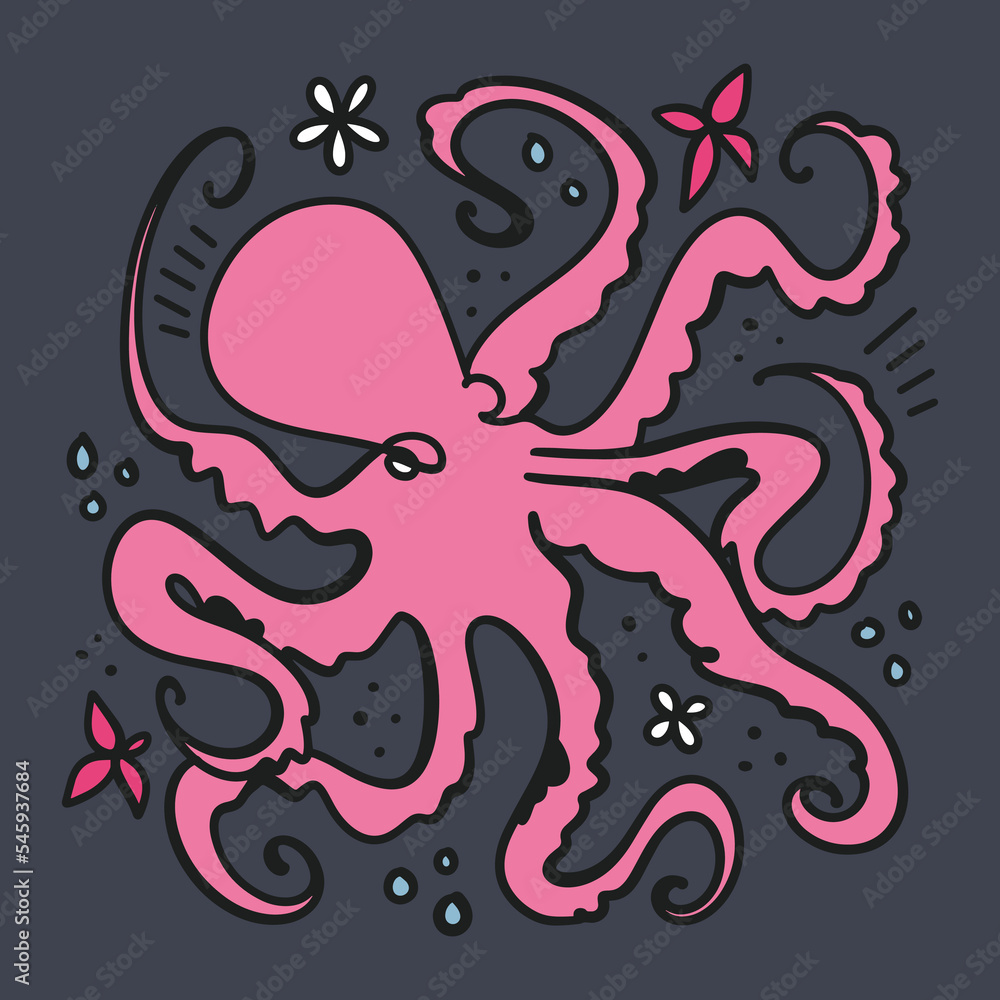 Blue flat doodle cartoon octopus, tentacles squid animal, hand drawn vector illustration isolated on white background. Sea and ocean character, aquatic marine life art. Floral childish collage groovy