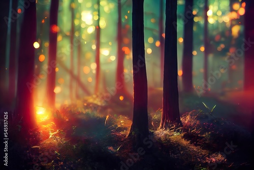 Dreamy summer background with a forest landscape. Trees during the summer season with warm sunlight. Beautiful nature scene 3d render