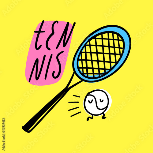 Tennis sports racquet and ball equipment flat doodle vector tools and lettering. Bright cartoon drawing isolated on color background. Editable isolated details. Baby childish groovy style Illustration