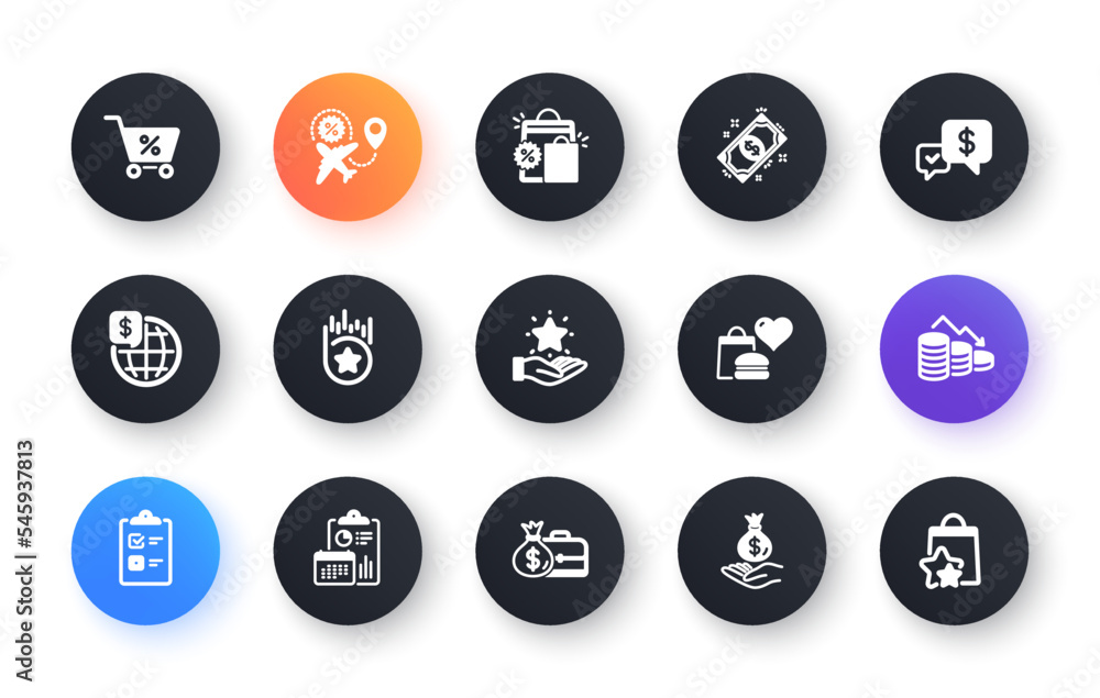 Minimal set of Checklist, Payment and Payment received flat icons for web development. Loyalty program, Money loss, Shopping bags icons. Income money, Food donation, Flight sale web elements. Vector Minimal set of Checklist, Payment and Payment received flat icons for web development. Loyalty program, Money loss, Shopping bags icons. Income money, Food donation, Flight sale web elements. Vector