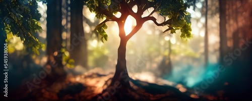 Dreamy summer background with a forest landscape. Trees during the summer season with warm sunlight. Beautiful nature scene 3d render