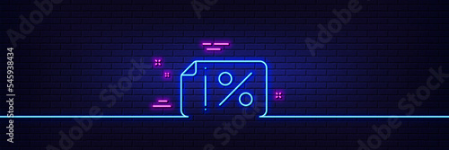 Neon light glow effect. Discount banner line icon. Sale offer coupon sign. Promotion price symbol. 3d line neon glow icon. Brick wall banner. Discount banner outline. Vector