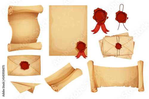Set vintage magic envelope, letters, parchment paper, scroll with red wax seal in cartoon style isolated on white background. Old grunge paper,textured. Antique mail, correspondence.