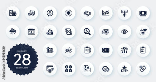 Set of Finance icons, such as Wallet money, Wallet and Currency rate flat icons. Cash money, Cyber attack, Employee benefits web elements. Card, Checklist, Loan percent signs. Circle buttons. Vector