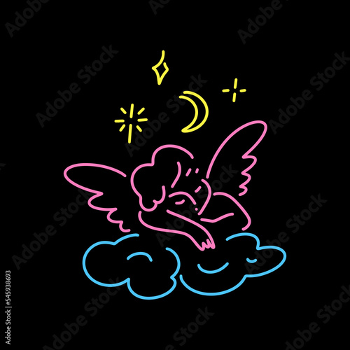 Neon sign baby cupid angel on the cloud with wing and nimbus clipart. Line contour isolated vector beautiful print in vaporwave style  black background. Perfect for t shirt print  web  textile  banner