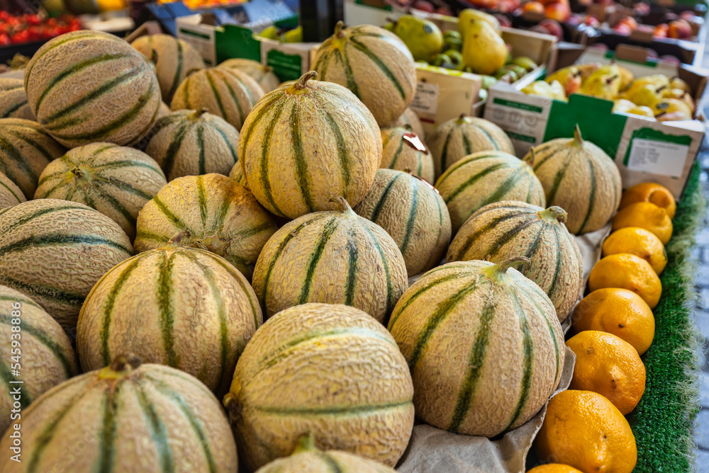 Melons on display at a street market in Paris, France