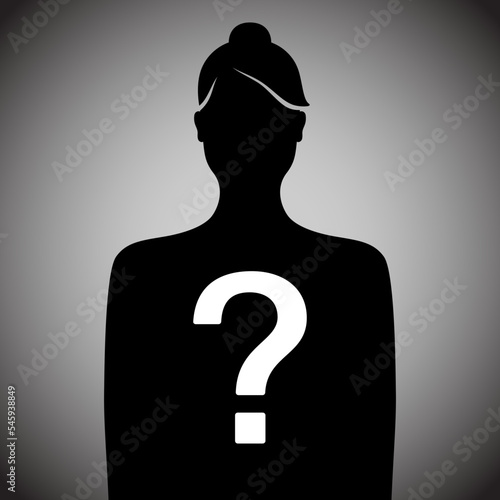 Anonymous woman black silhouette with question mark. Incognito female person vector illustration.