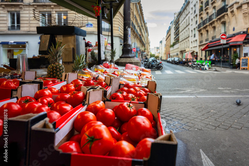 Tomatoes on display at a street market in Paris, France