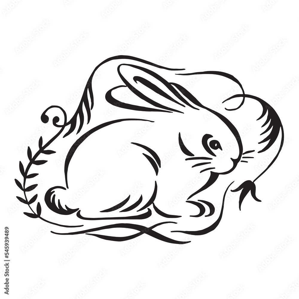 Decorative rabbit. Cute bunny in flowers doodle. Greeting card with