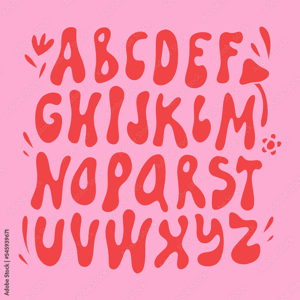 Hippie bohemian liquid groovy modern funky font alphabet 1960s with mushroom and flowers characters in boho psychedelic style. Perfect for posters, collages, clothing, music albums, custom t shirt Hippie bohemian liquid groovy modern funky font alphabet 1960s with mushroom and flowers characters in boho psychedelic style. Perfect for posters, collages, clothing, music albums, custom t shirt